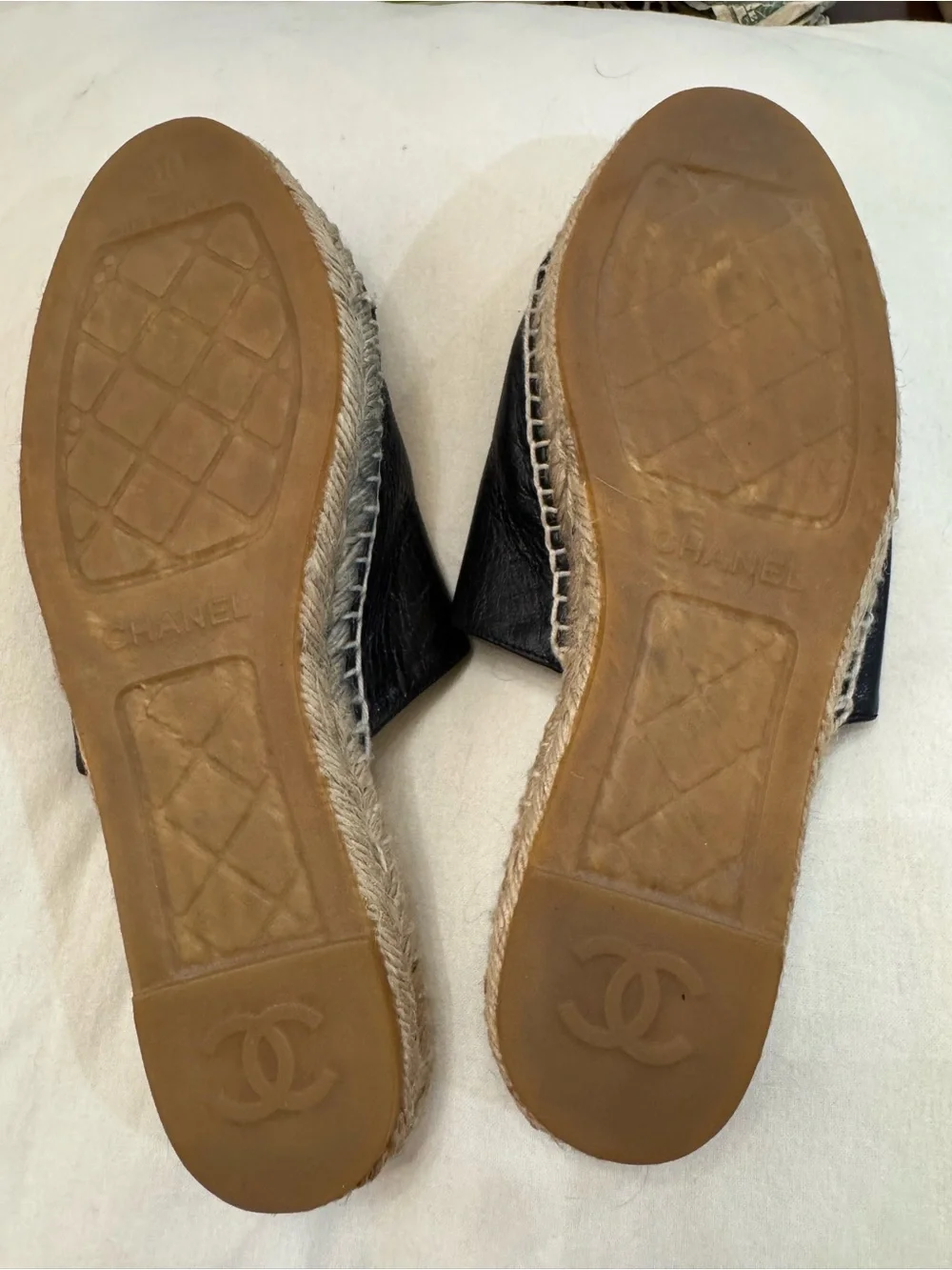 CHANEL Black Leather CC Logo Espadrille Mules